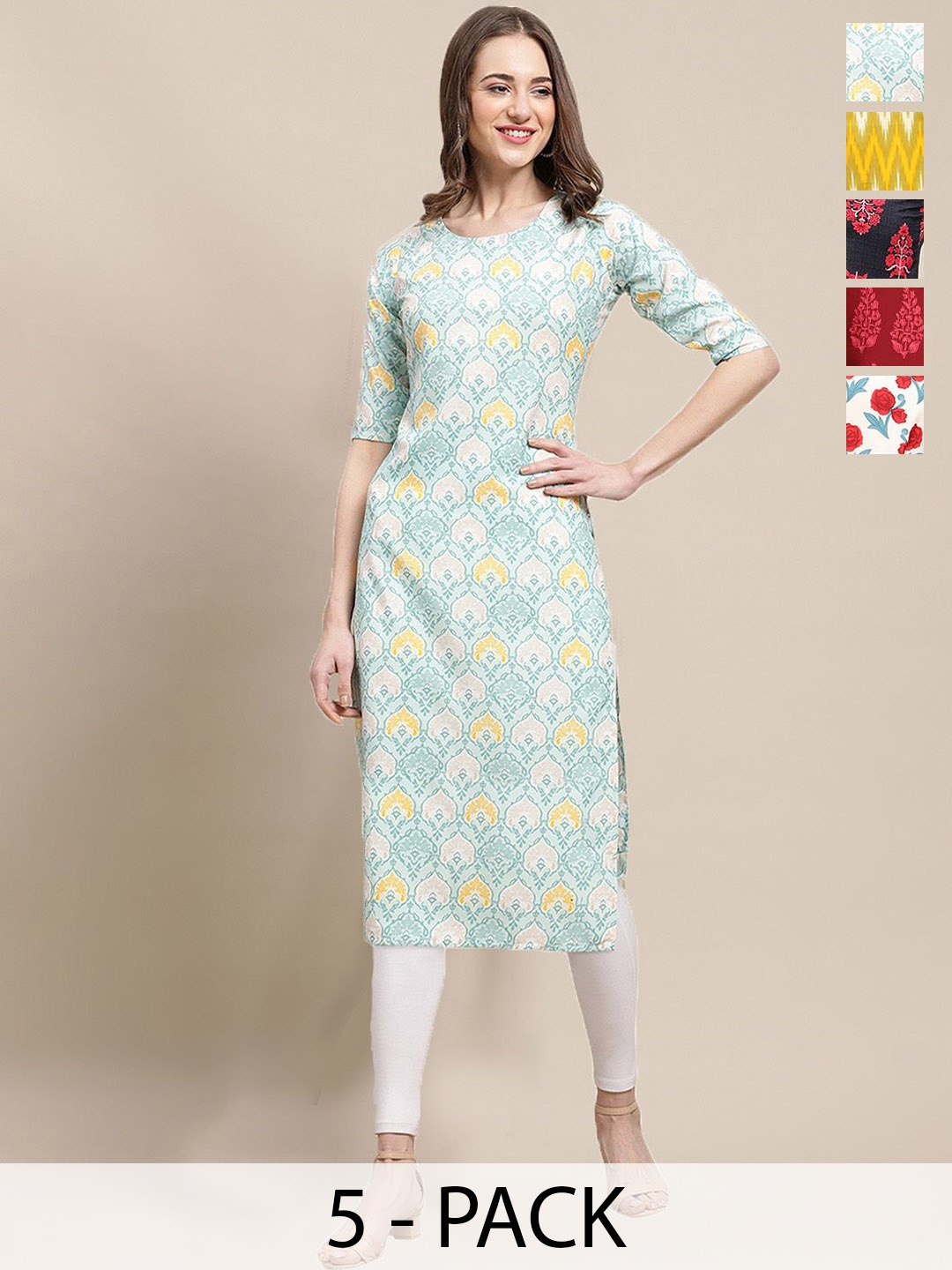 

7Threads Selection of 5 Floral & Geometric Printed Straight Kurtas, White