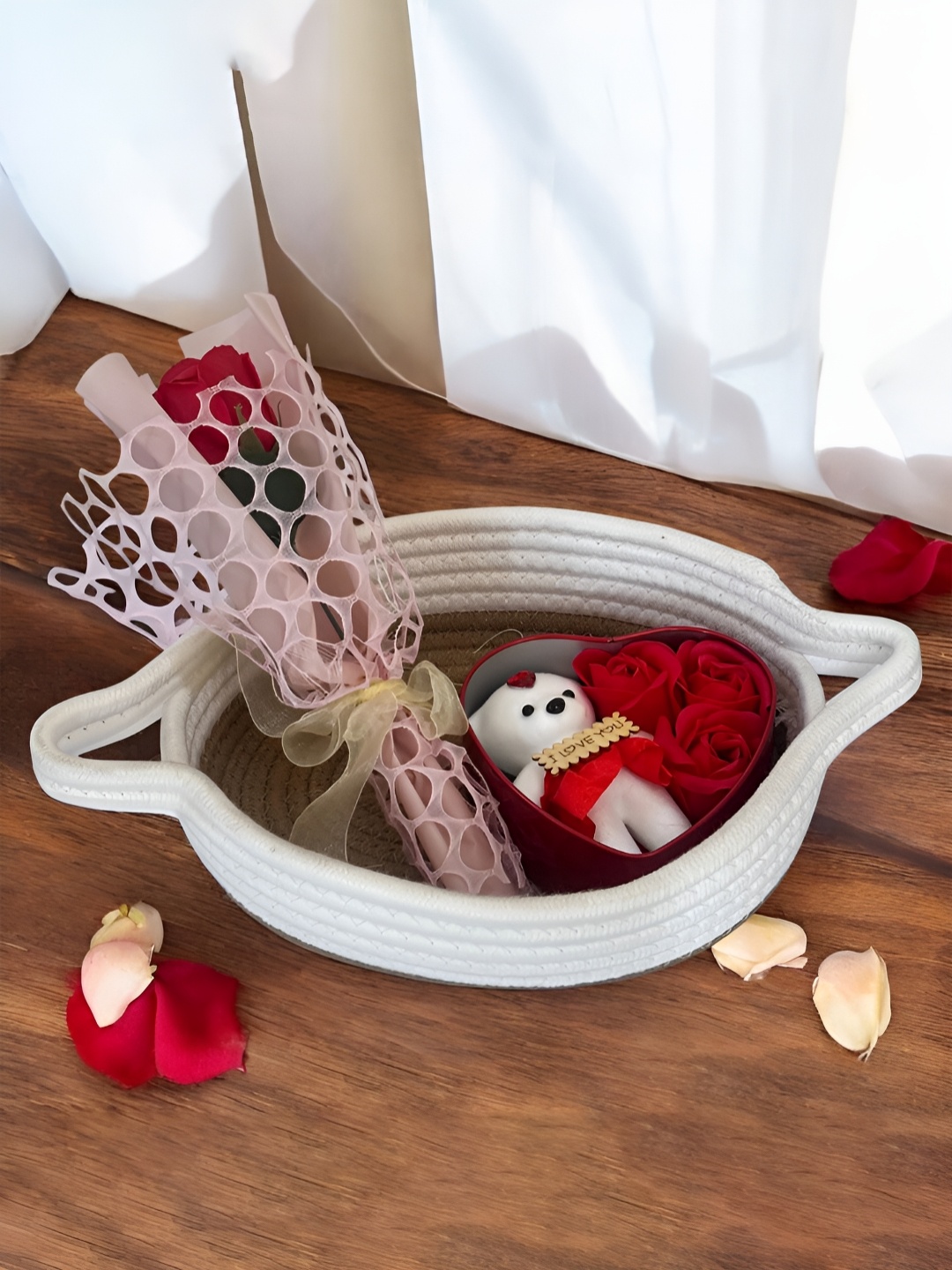 

Art Street Red & White 3 Pieces Heart Shape Box with Teddy & Rose Basket