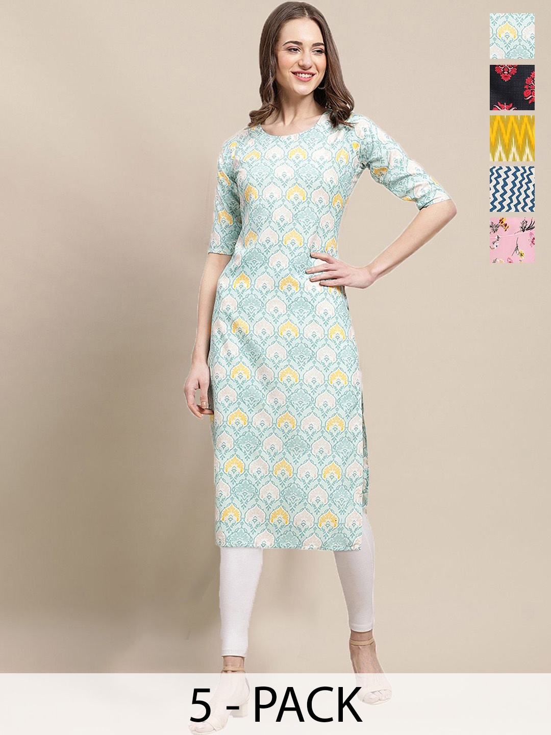 

7Threads Selection Of 5 Ethnic Printed Round Neck Kurtas, Red