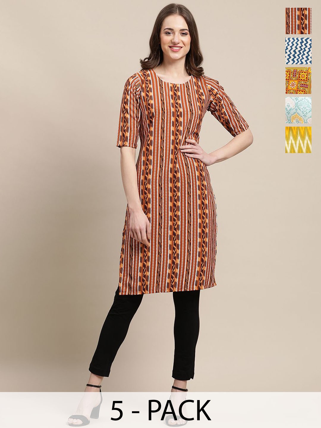 

7Threads Selection Of 5 Ethnic Motifs Printed Straight Crepe Kurta, Brown