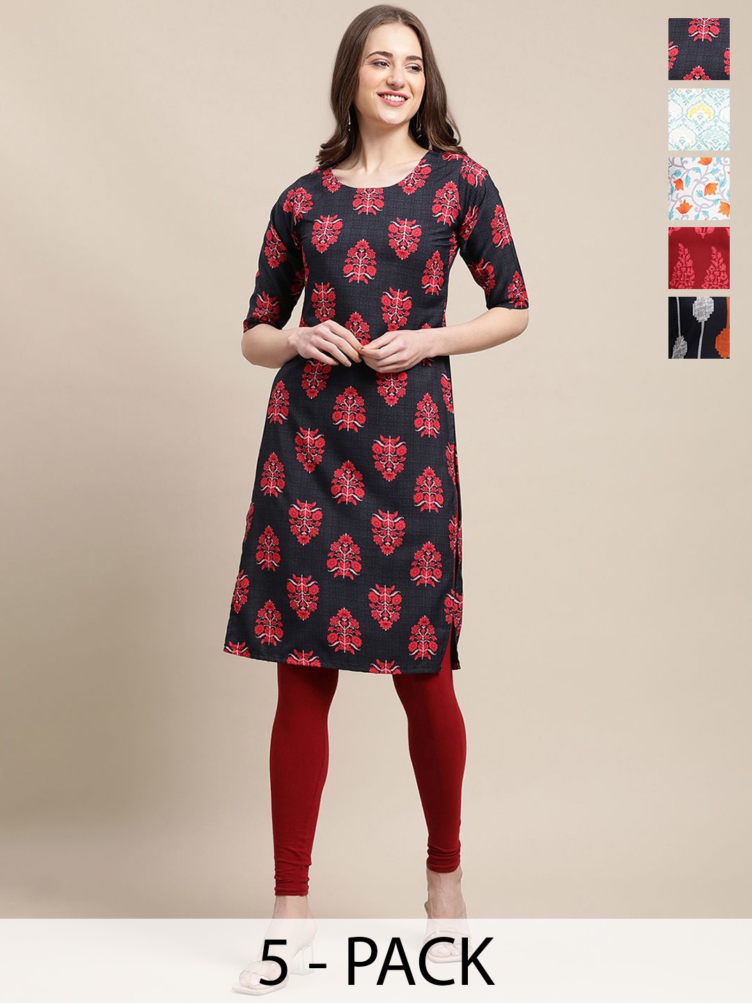 

7Threads Selection of 5 Floral Printed Round Neck Kurtas, Black