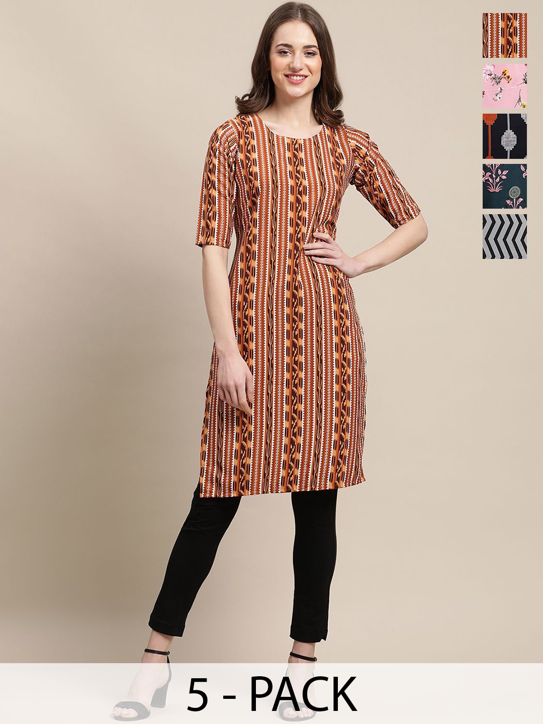 

7Threads Selection Of 5 Geometric Printed Round Neck Straight Kurtas, Brown