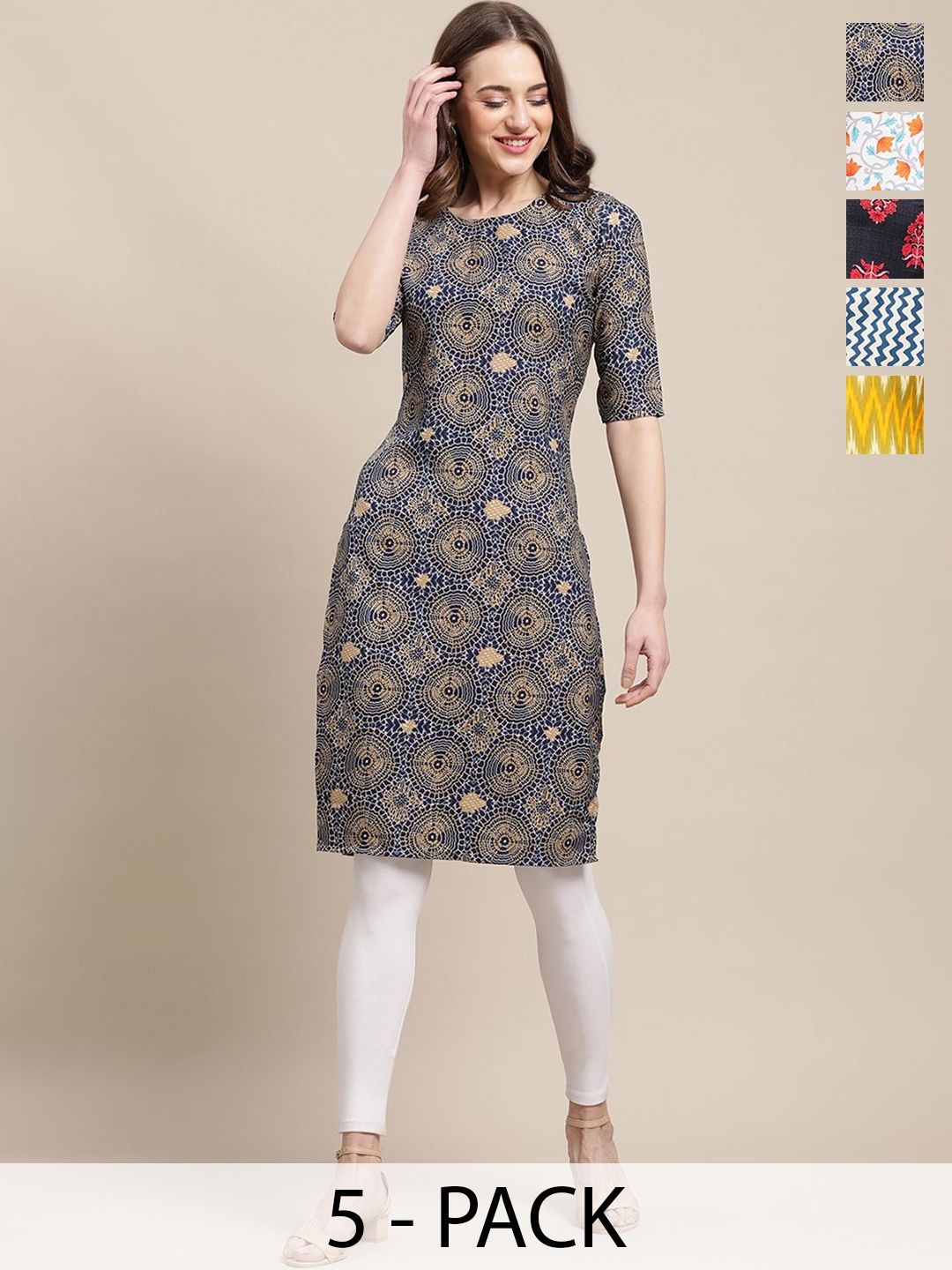 

7Threads Selection Of 5 Ethnic Motifs Round Neck Kurtas, Beige