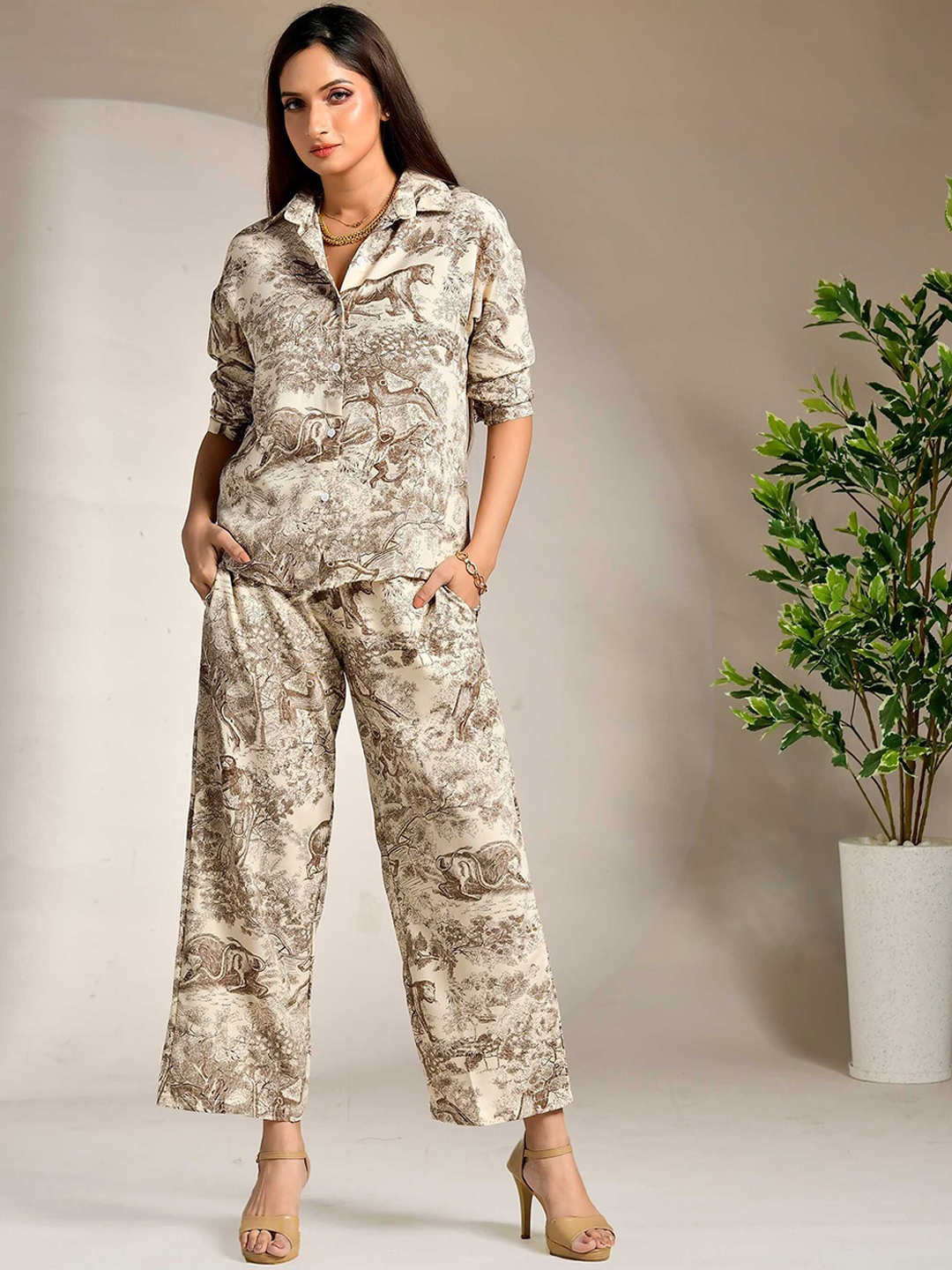 

Unityshop Abstract Printed Shirt Collar Long Sleeves Shirt With Trouser, Cream