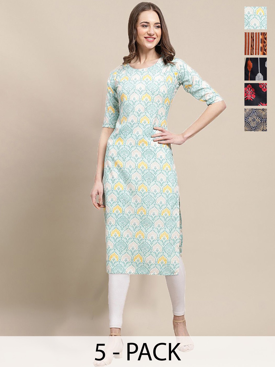 

7Threads Selections Of 5 Ethnic Motifs Printed Straight Kurtas, Blue