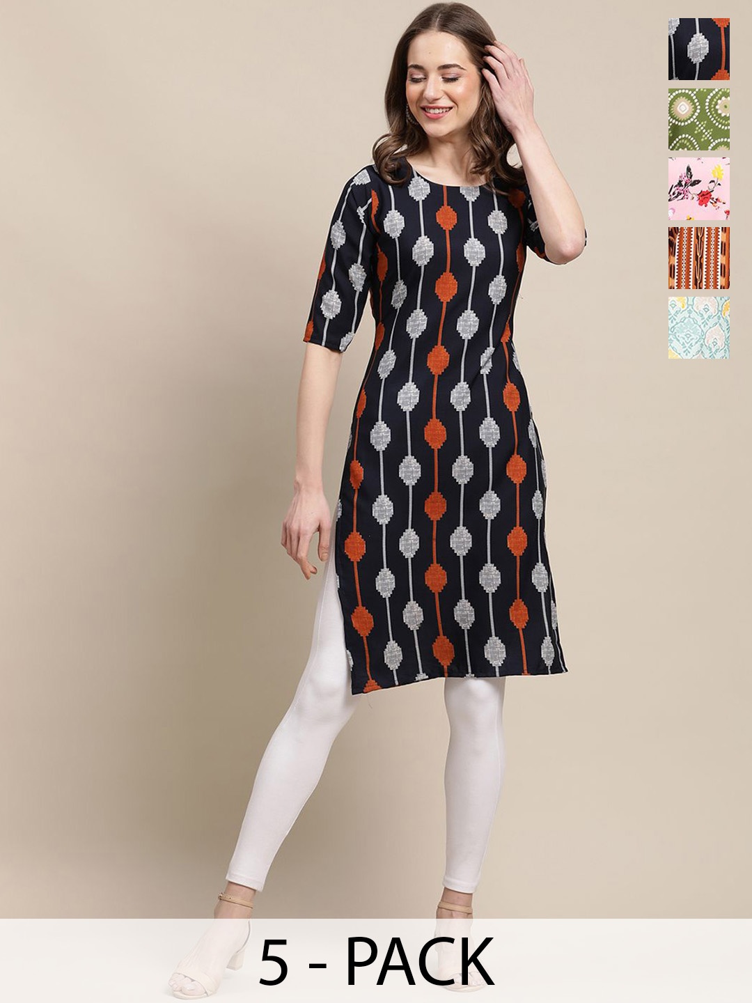 

7Threads Selection Of 5 Geometric Printed Round Neck Straight Crepe Kurtas, Black