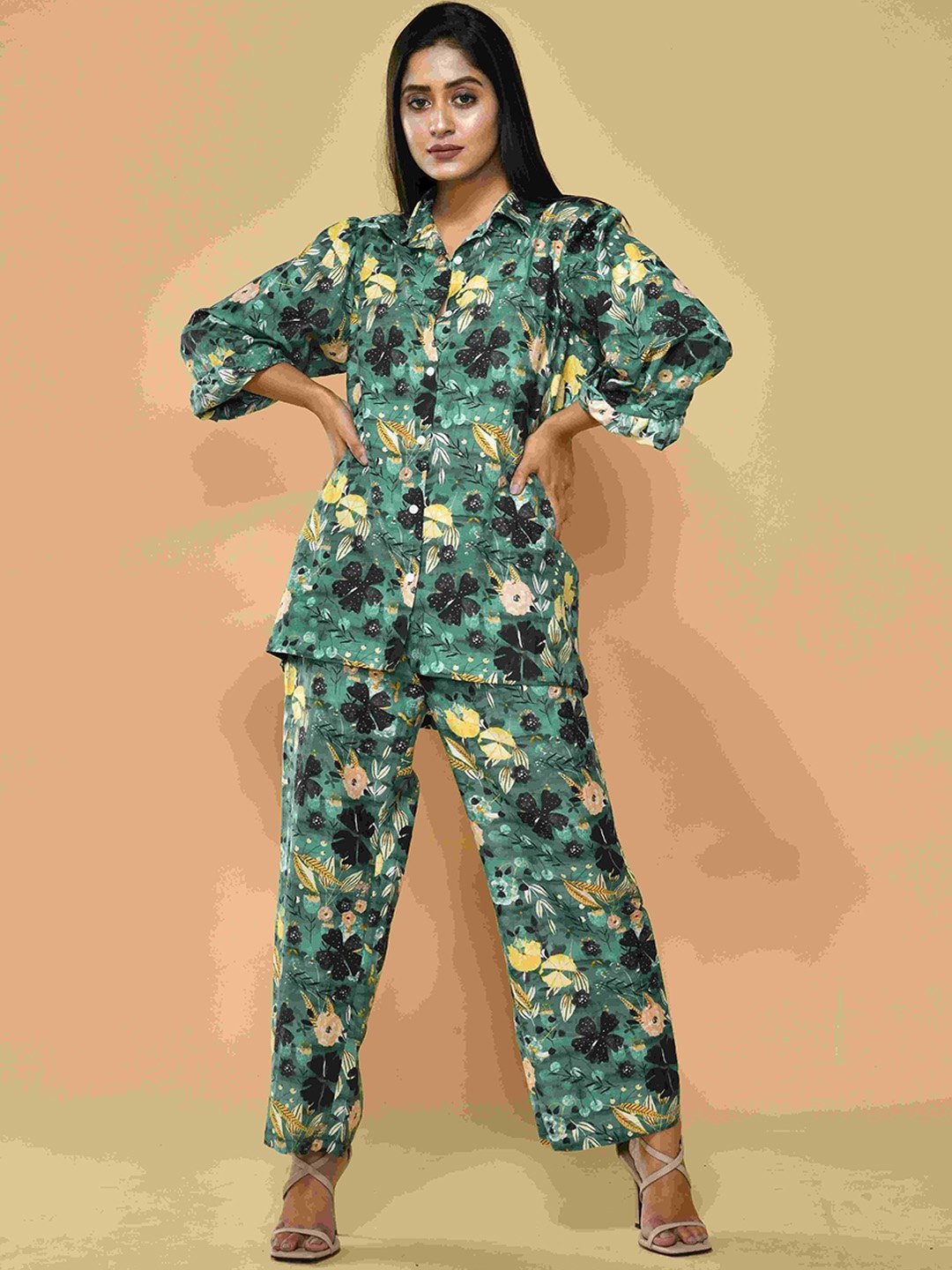 

Unityshop Abstract Printed Long Sleeves Shirt With Trousers, Green