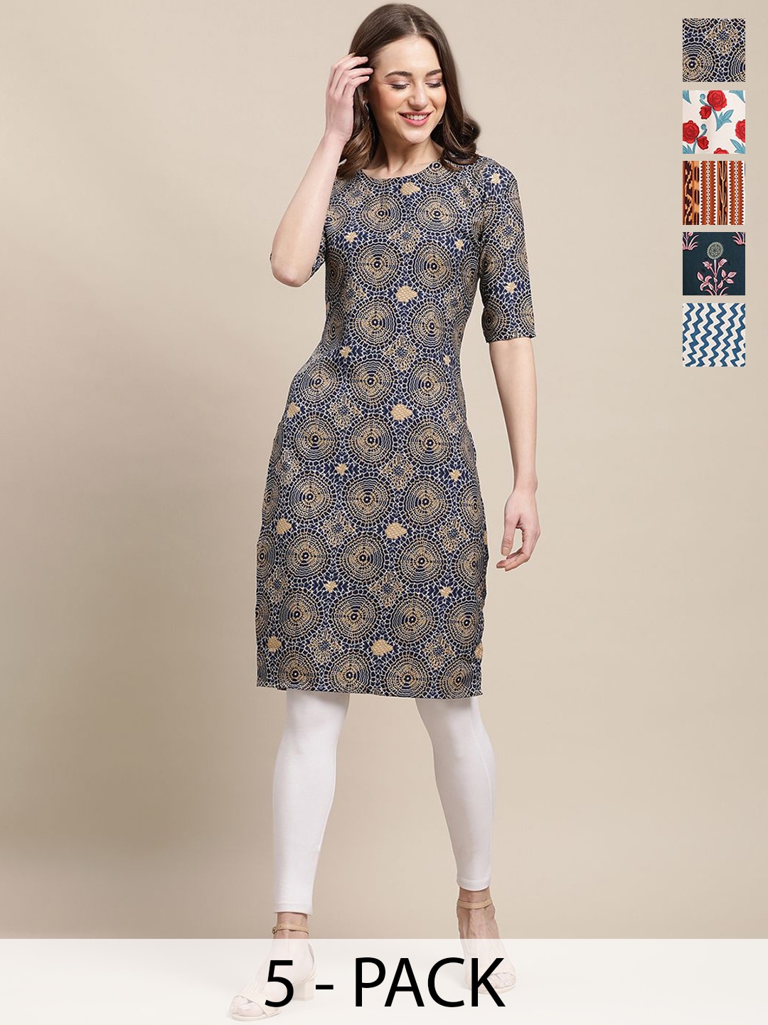 

7Threads Selection Of 5 Ethnic Motifs Round Neck Straight Kurtas, Navy blue