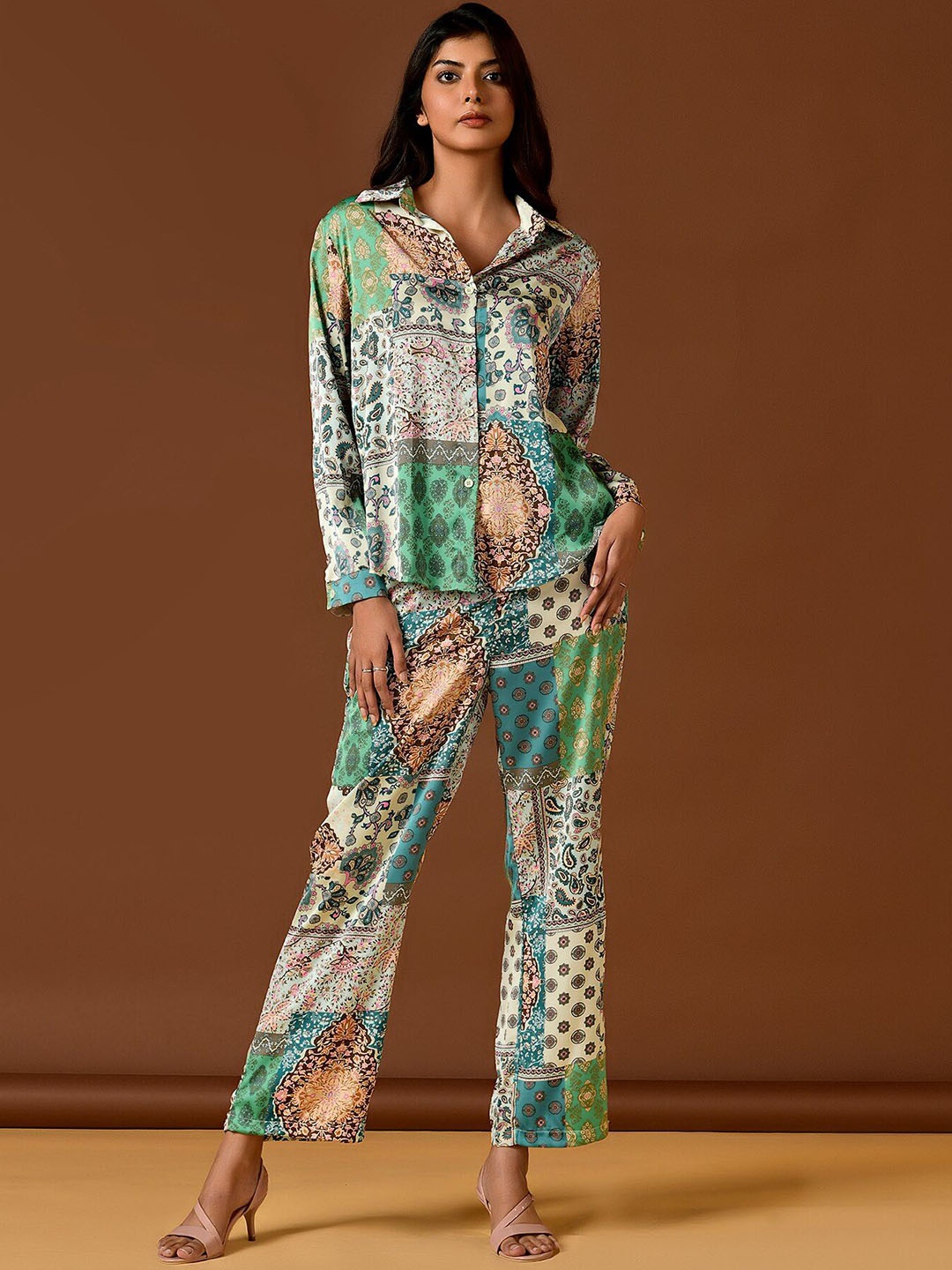 

Unityshop Abstract Printed Long Sleeves Shirt With Trousers, Green