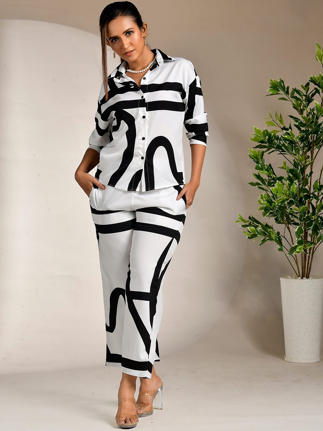 

Unityshop Abstract Printed Long Sleeves Shirt With Trousers, White