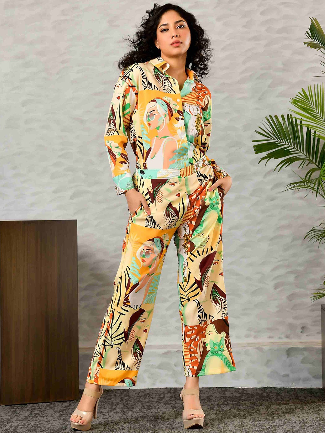 

Unityshop Printed Shirt Collar Shirt With Trousers, Yellow