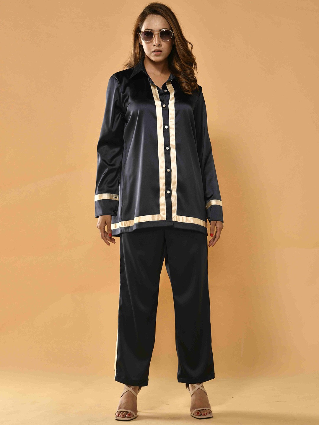 

Unityshop Shirt Collar Long Sleeves Shirt With Trouser, Navy blue