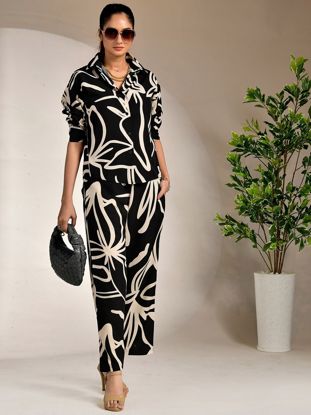 

Unityshop Abstract Printed Long Sleeves Shirt With Trousers, Black