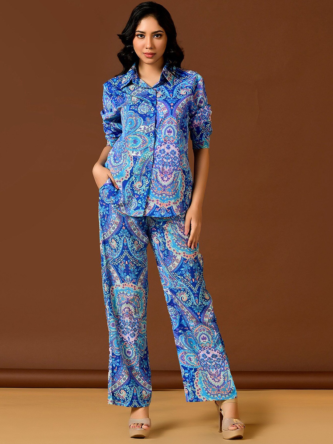 

Unityshop Abstract Printed Long Sleeves Shirt With Trousers, Blue