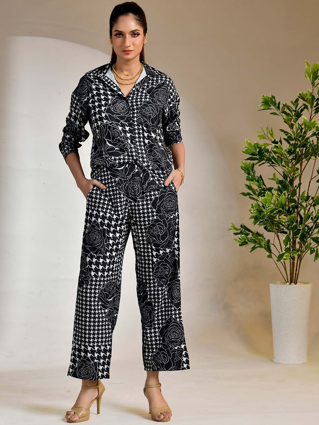

Unityshop Floral Printed Shirt With Trousers, Black