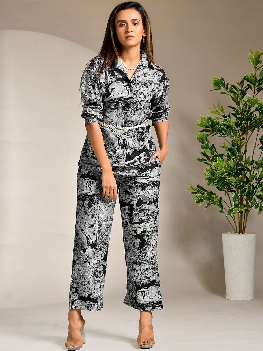Unityshop Abstract Printed Long Sleeves Shirt With Trousers, Black