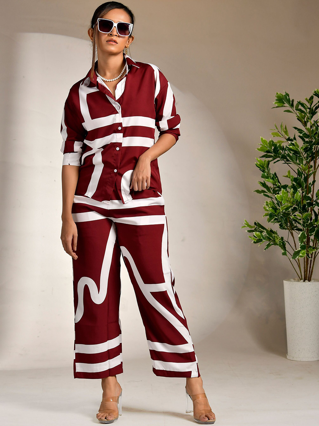 

Unityshop Abstract Printed Long Sleeves Shirt With Trousers, Maroon