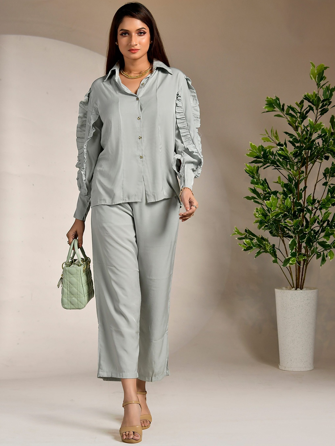 

Unityshop Ruffles Detail Shirt With Trousers, Green