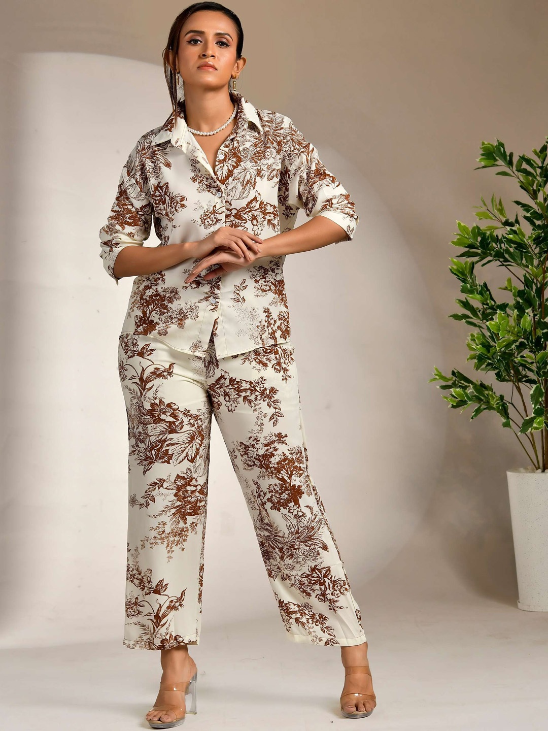 Unityshop Abstract Printed Long Sleeves Shirt With Trousers, Brown