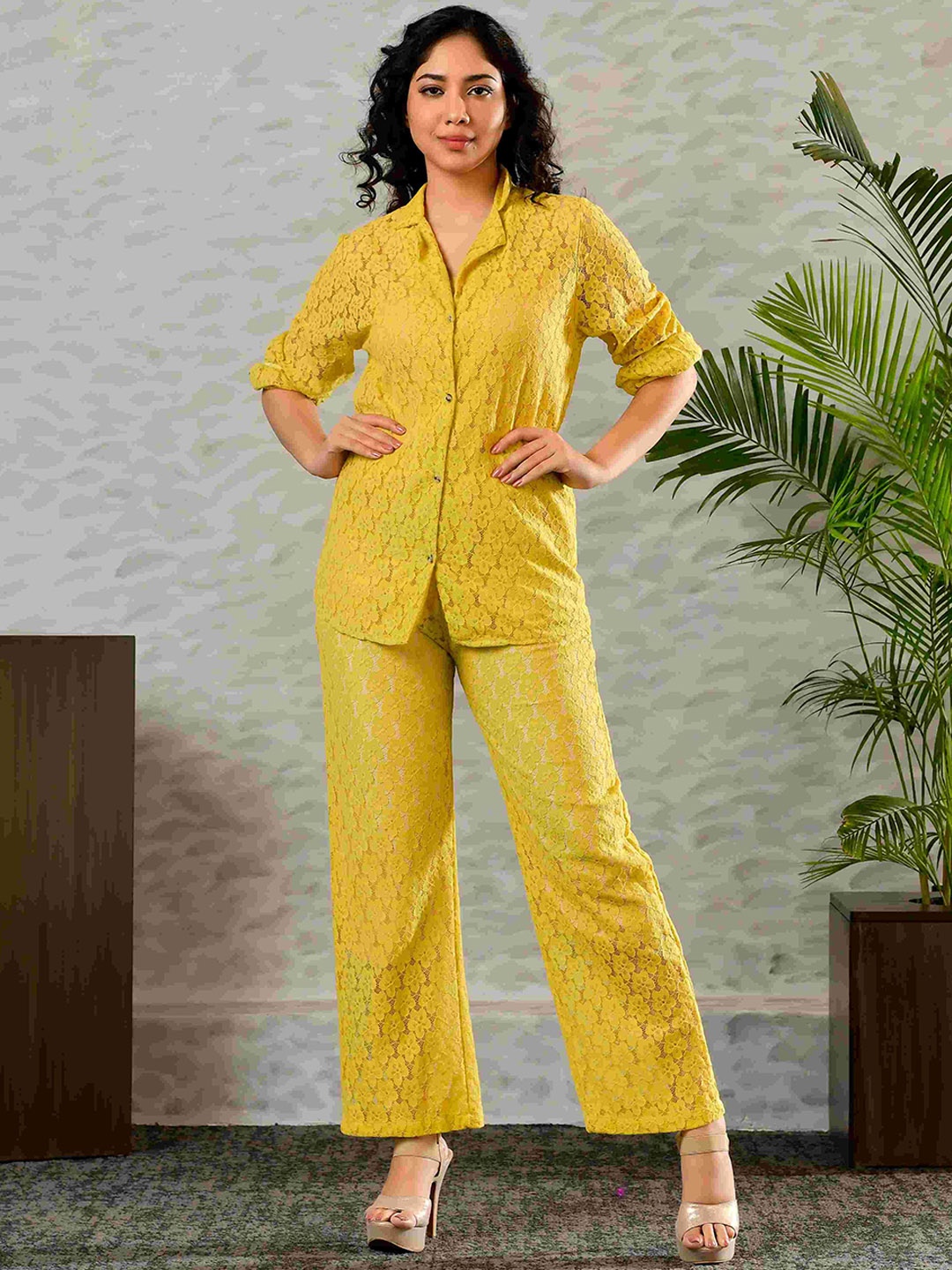 

Unityshop Self Design Shirt Collar Shirt With Trousers, Yellow