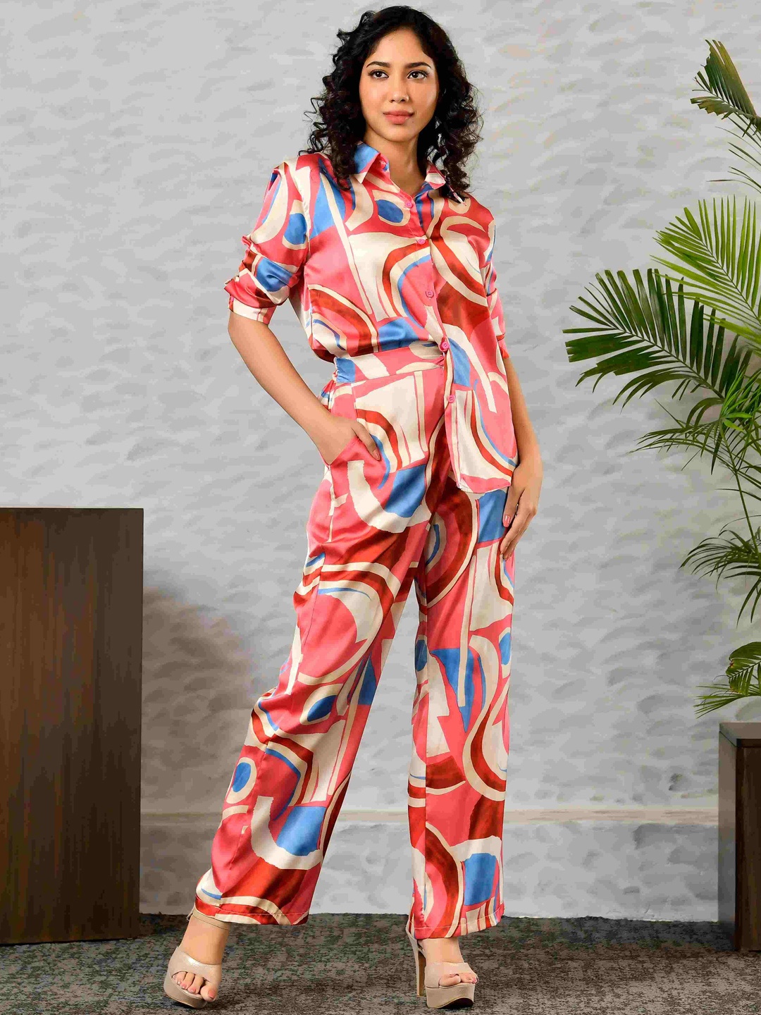 

Unityshop Abstract Printed Long Sleeves Shirt With Trousers, Orange