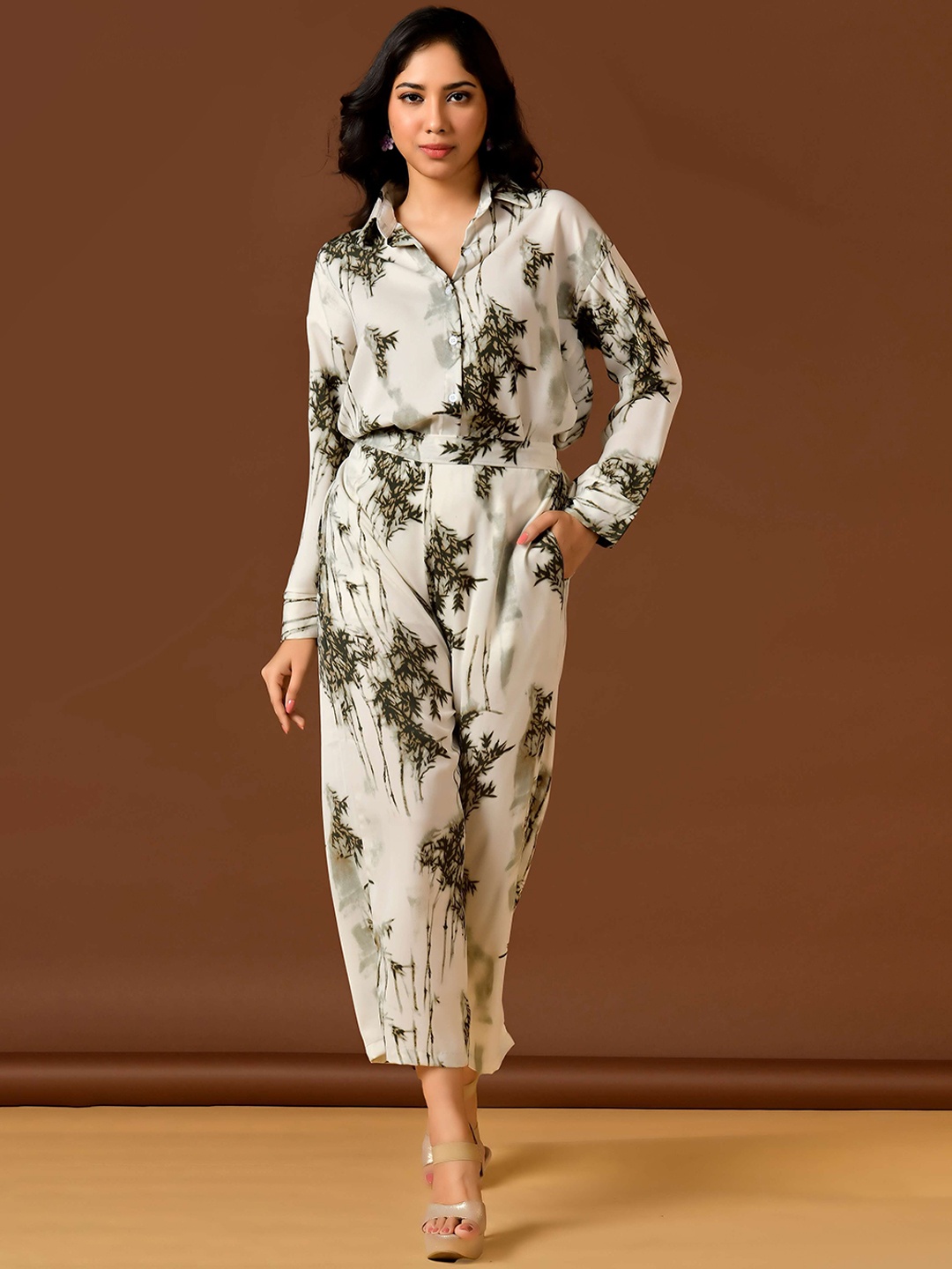 

Unityshop Abstract Printed Shirt Collar Long Sleeves Shirt With Trouser, White