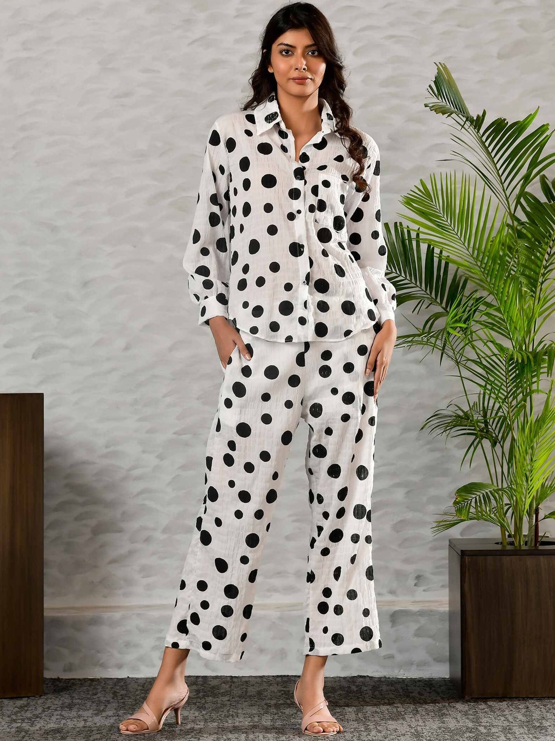 

Unityshop Polka Dot Printed Shirt With Trousers, White