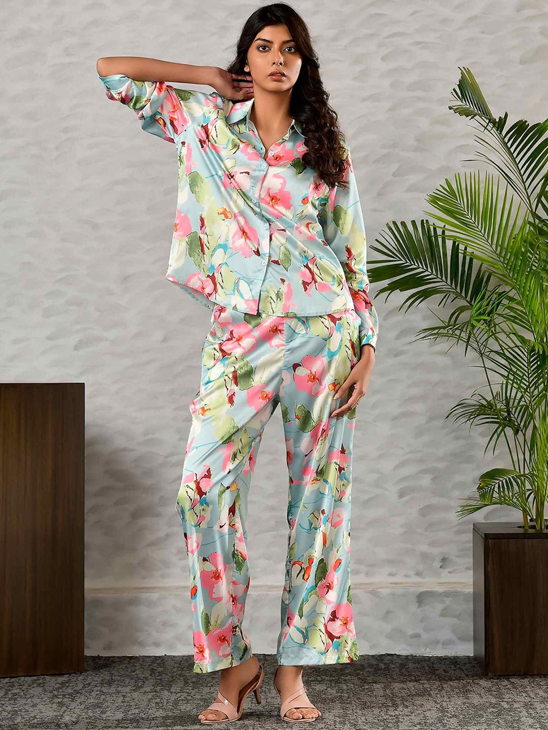 

Unityshop Floral Printed Shirt Collar Shirt With Trousers, Blue