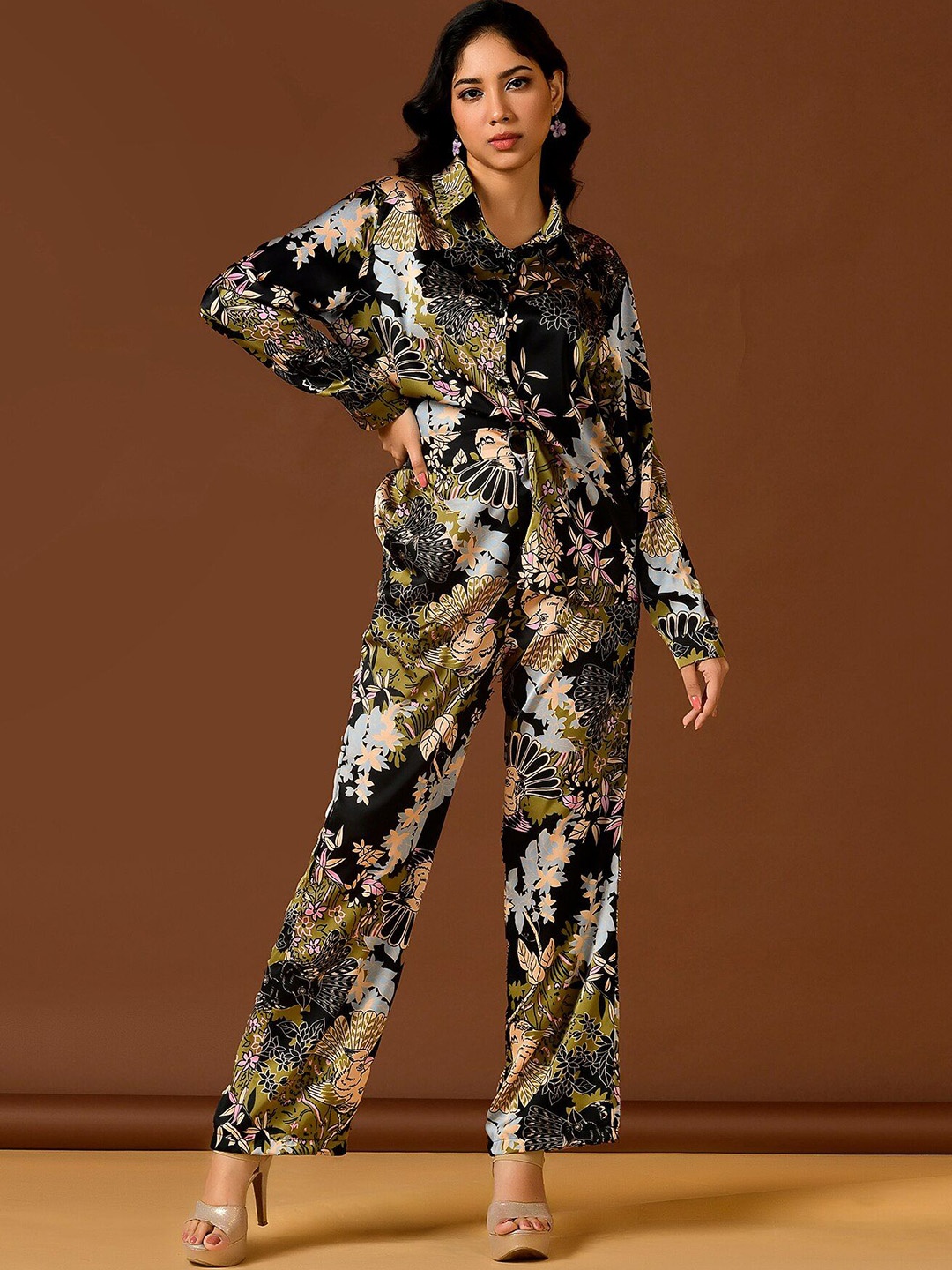

Unityshop Abstract Printed Long Sleeves Shirt With Trousers, Black