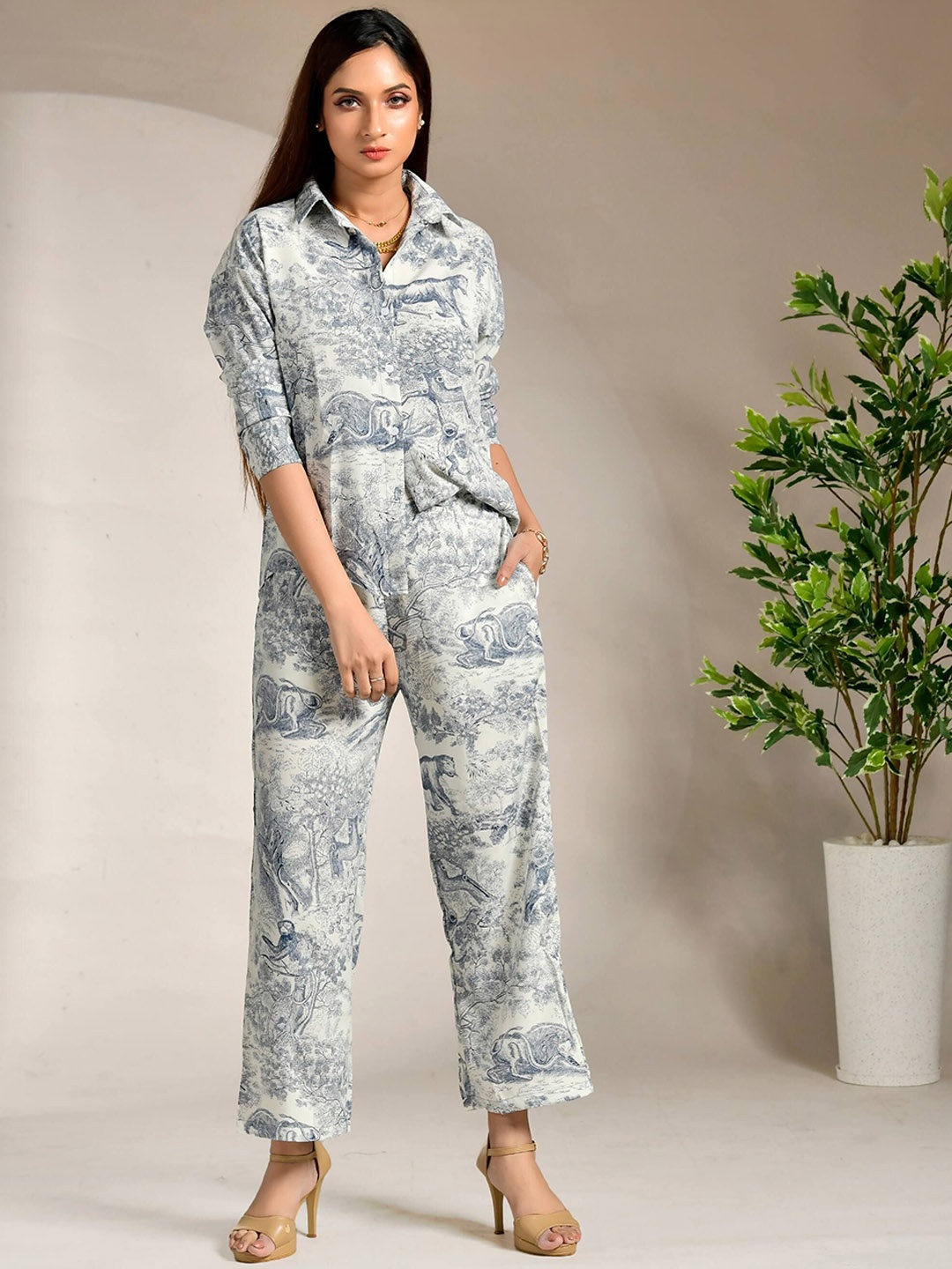 

Unityshop Abstract Printed Long Sleeves Shirt With Trousers, Blue