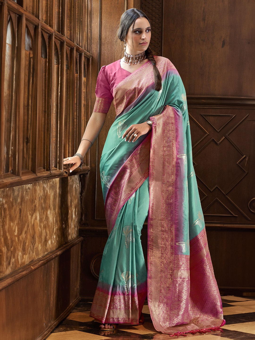 

MAHALASA Woven Design Zari Satin Banarasi Saree, Sea green