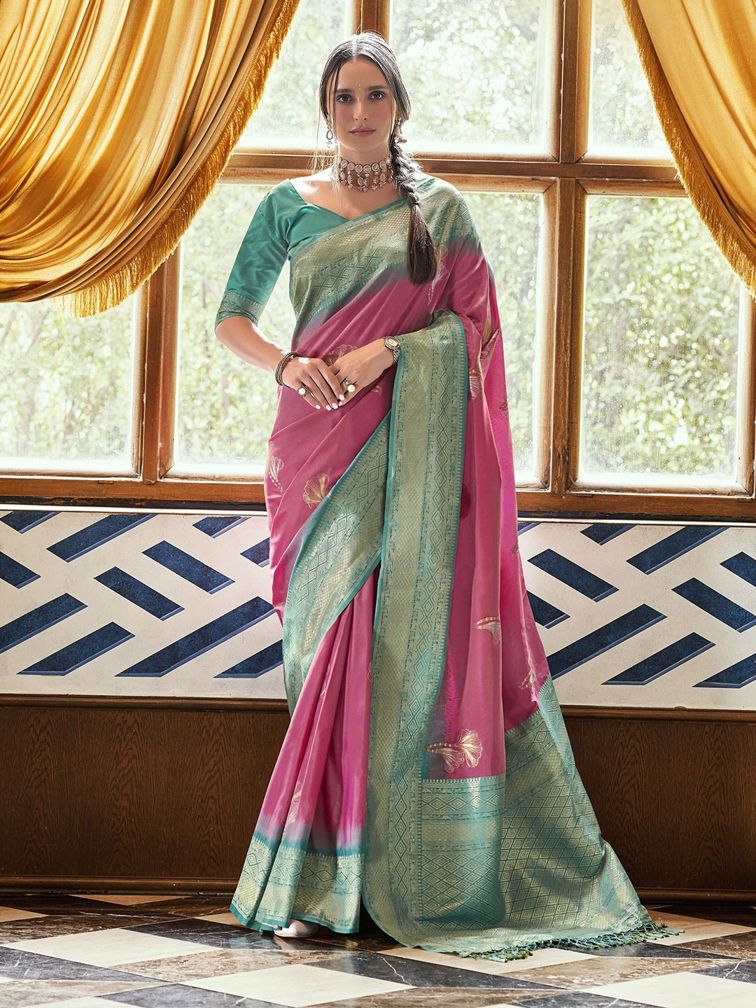 

MAHALASA Woven Design Zari Satin Banarasi Saree, Pink