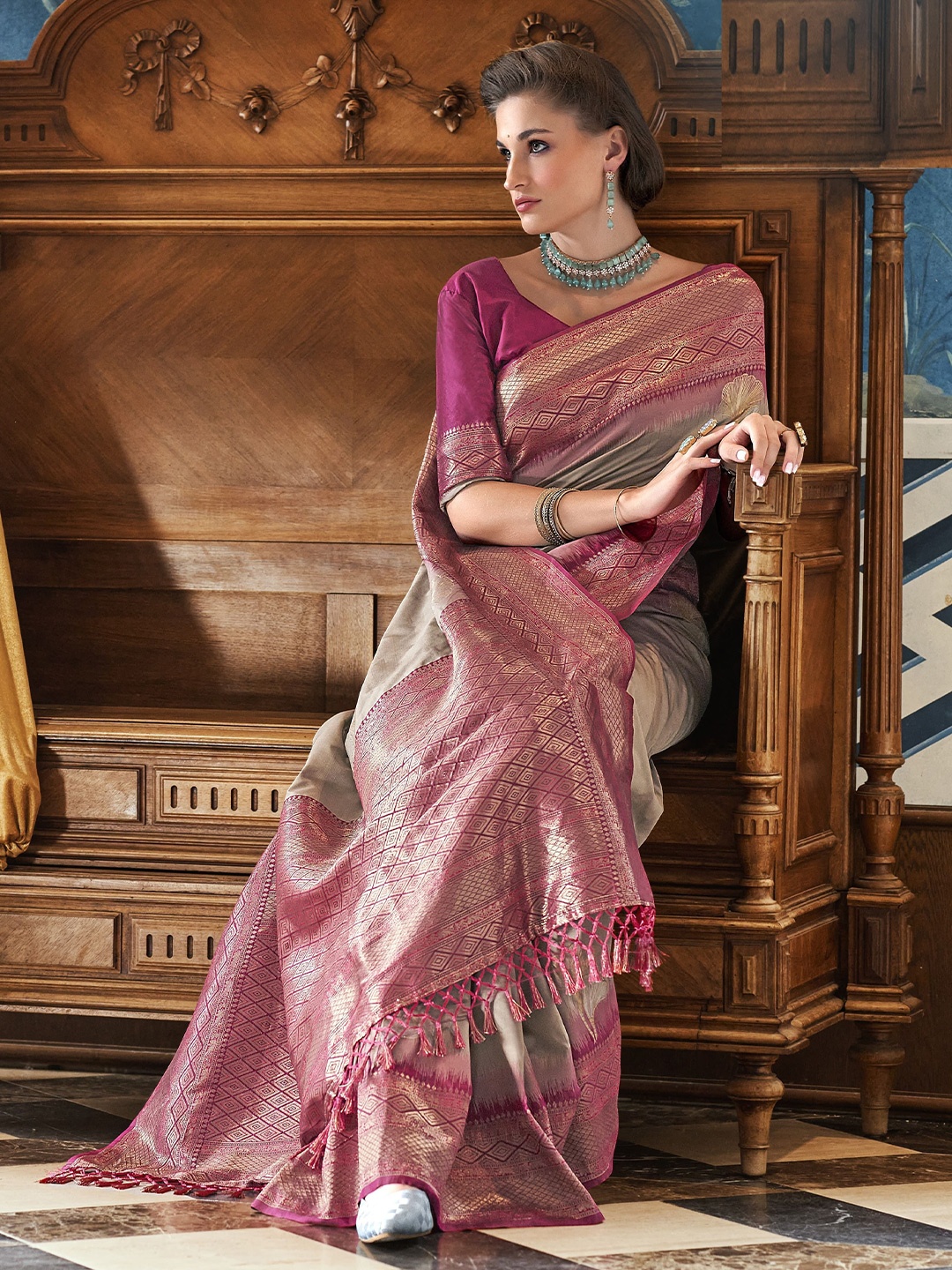 

MAHALASA Woven Design Zari Satin Banarasi Saree, Grey