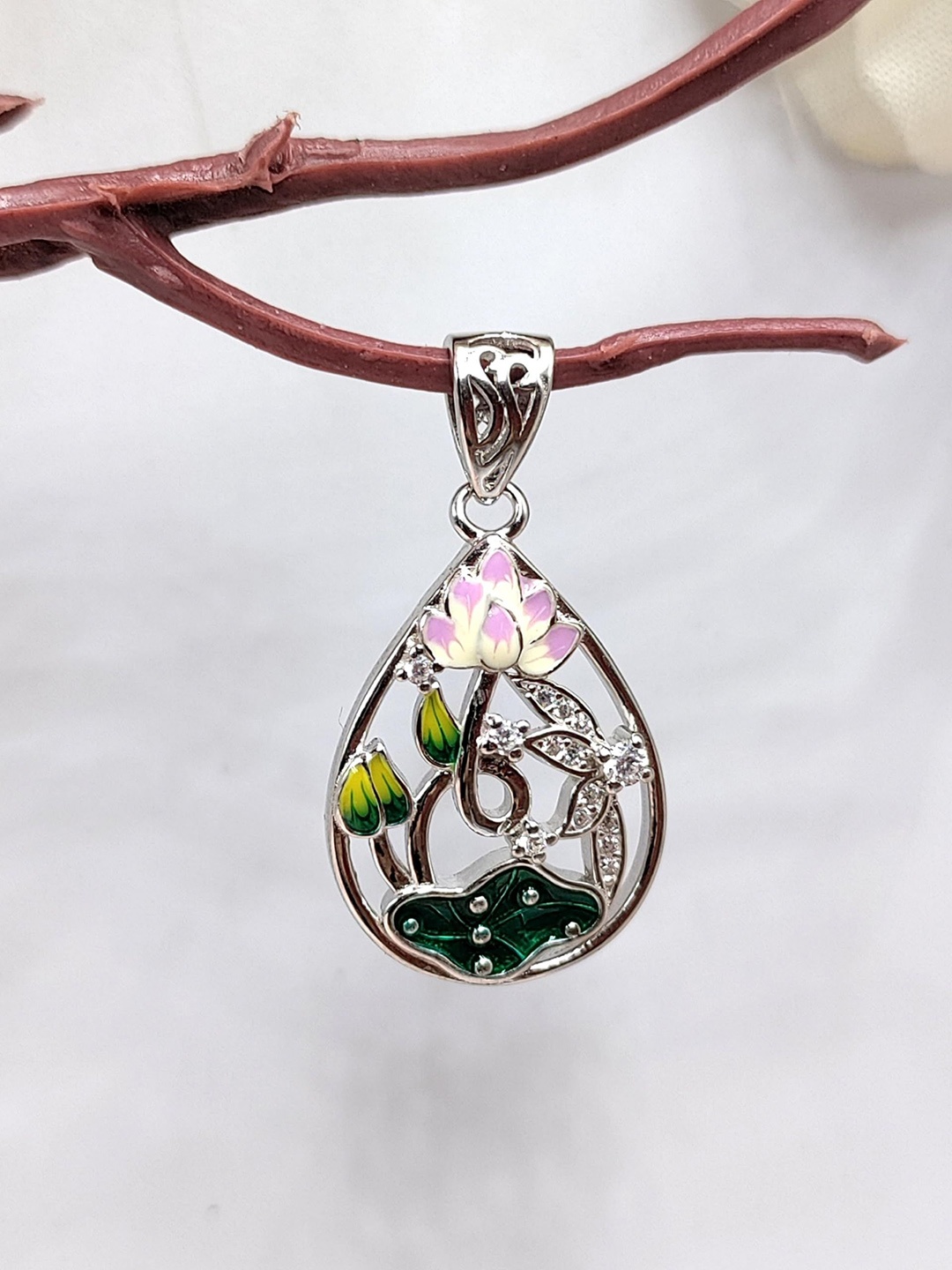 

AMONROO 925 Sterling Silver Rhodium-Plated Enamelled CZ Studded Lotus Flower Pendant