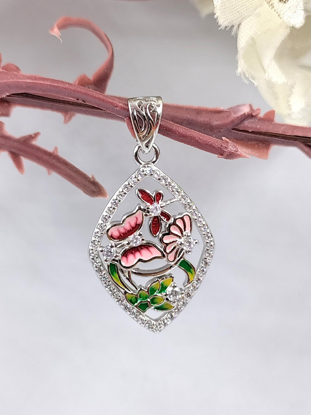 

AMONROO 925 Sterling Silver Rhodium-Plated Enamelled CZ Studded Butterfly Rhombus Pendant