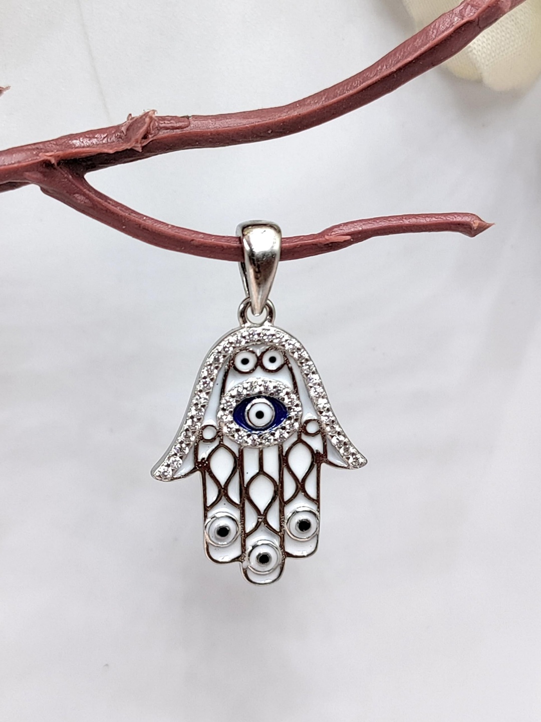 

AMONROO 925 Sterling Silver Rhodium-Plated Enamel CZ Studded Hamsa Hand Evil Eye Pendant