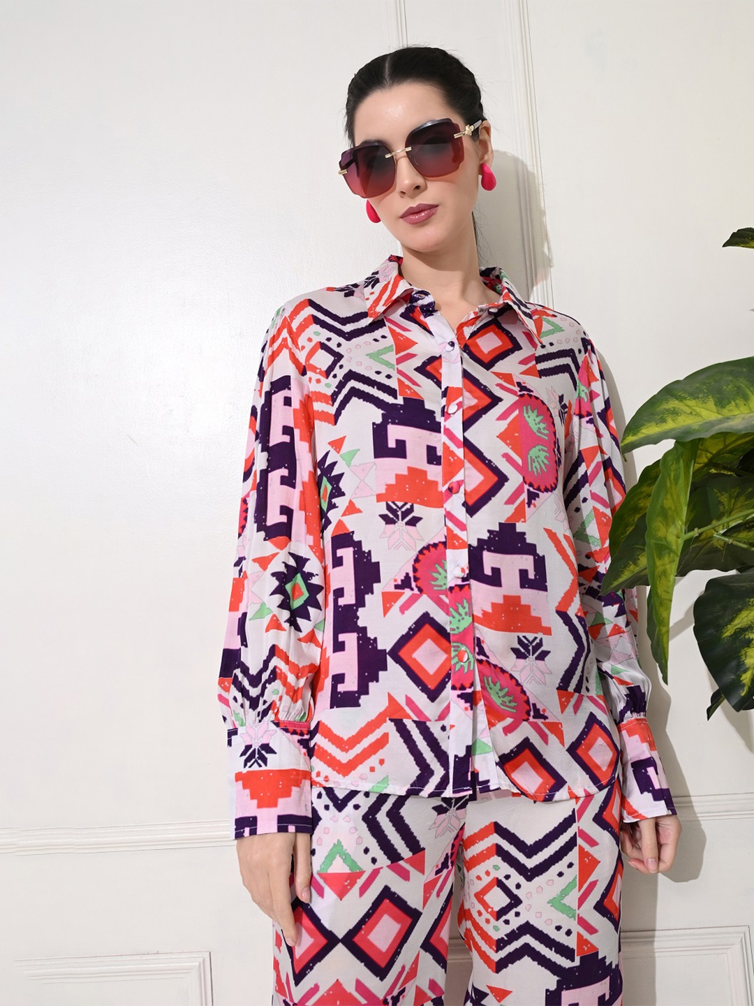 

YELLOW PARROT Printed Pure Cotton Shirt With Trousers Co-Ords, Red
