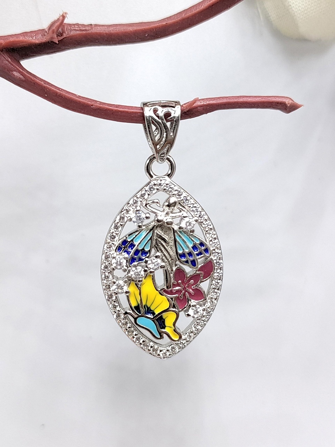 

AMONROO 925 Sterling Silver Rhodium-Plated Enamelled CZ Studded Fairy Designed Pendant