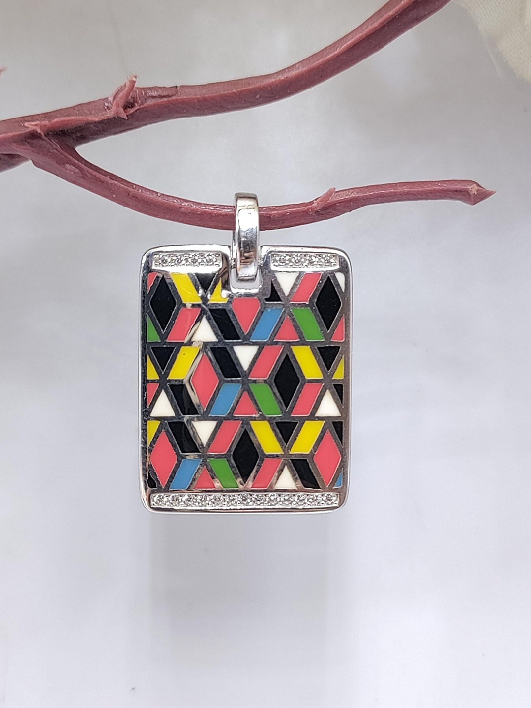 

AMONROO 925 Sterling Silver Rhodium-Plated Enamelled CZ Studded Geometric Pendant