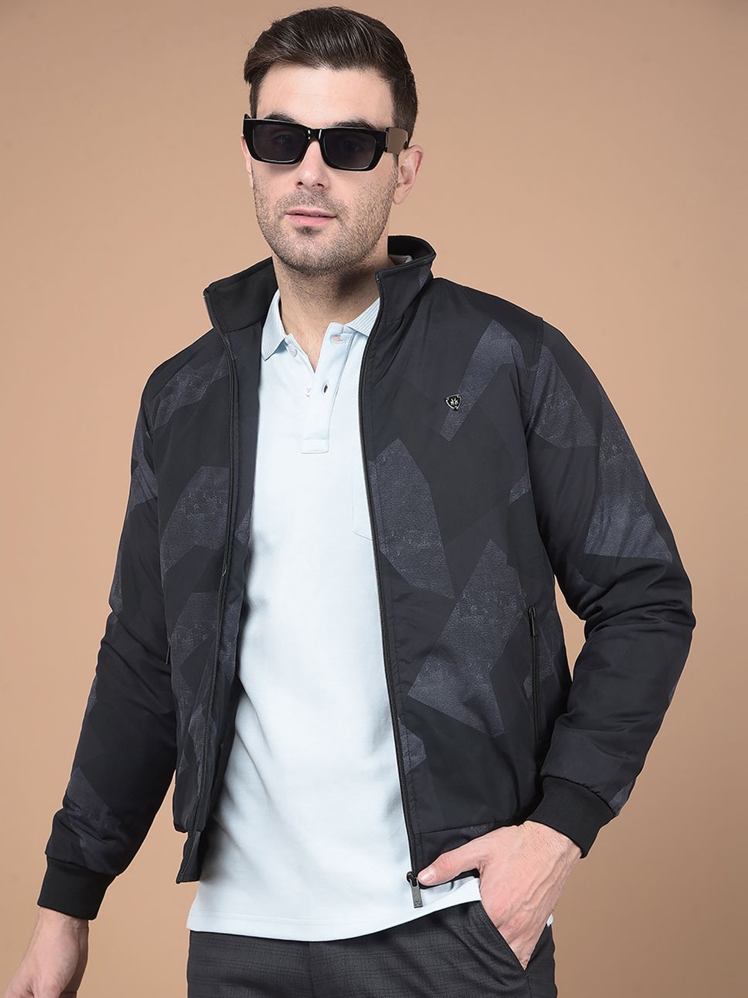 

Crimsoune Club Men Mock Collar Camouflage Printed Casual Bomber Lightweight Jacket, Black
