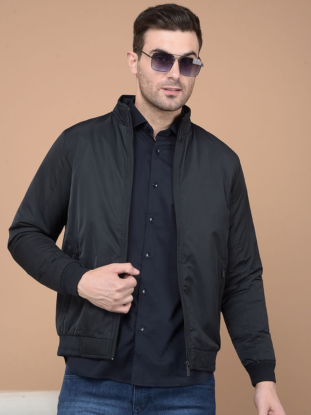 

Crimsoune Club Men Mock Collar Solid Casual Bomber Lightweight Jacket, Black