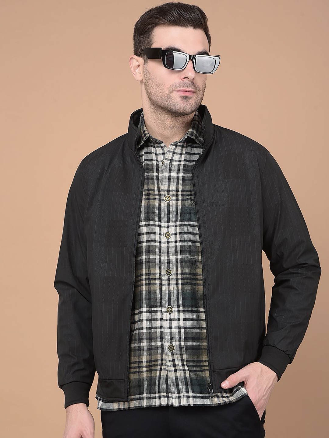 

Crimsoune Club Men Mock Collar Striped Casual Bomber Jacket, Black