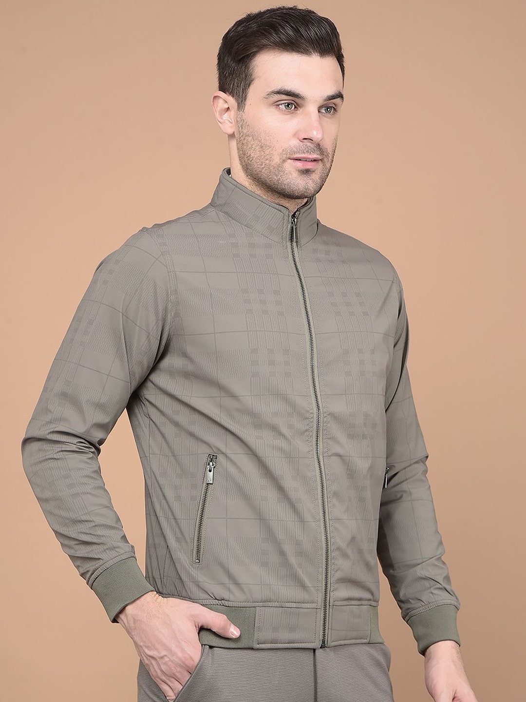 

Crimsoune Club Men Mock Collar Checked Casual Bomber Lightweight Jacket, Grey