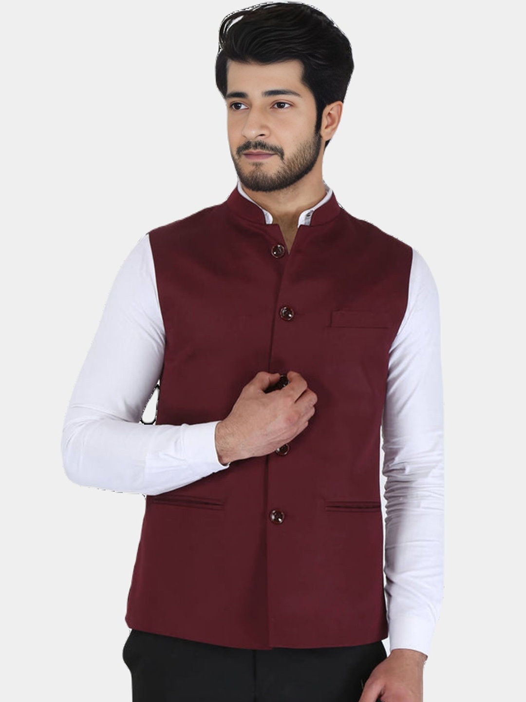 

ZOLARIO Men Mandarin Collar Solid Casual Tailored Lightweight Jacket, Maroon