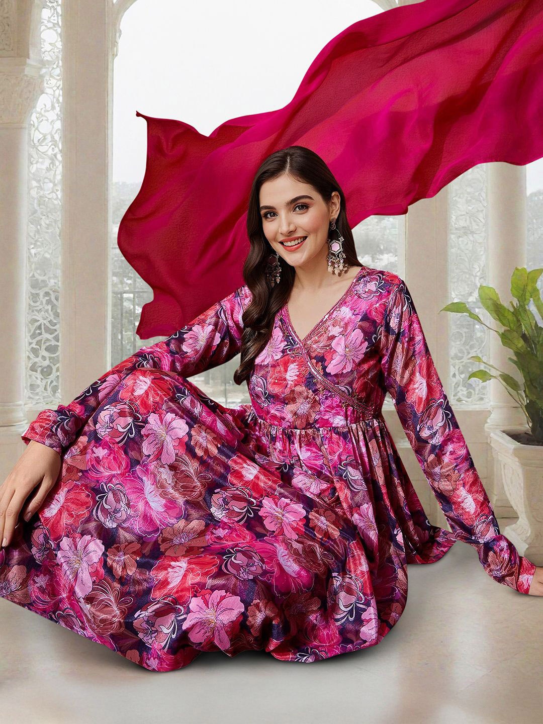 

Ishin Floral Printed Pleated Straight Kurta with Trousers & Dupatta, Pink