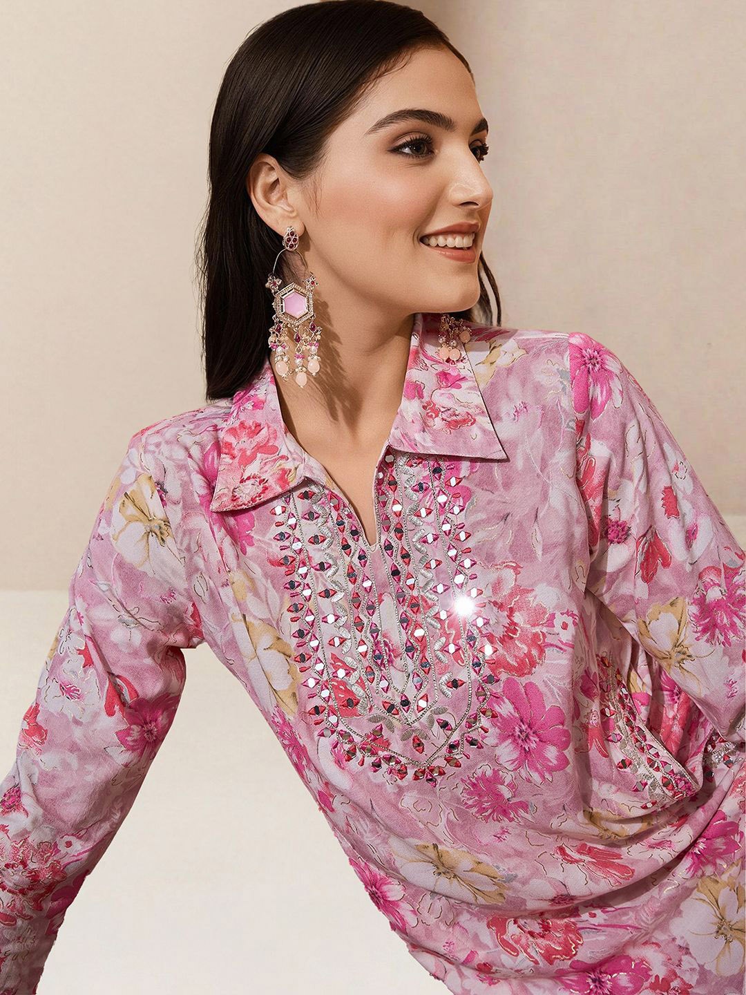 

Ishin Floral Embroidered Mirror Work Straight Kurta with Trousers, Pink