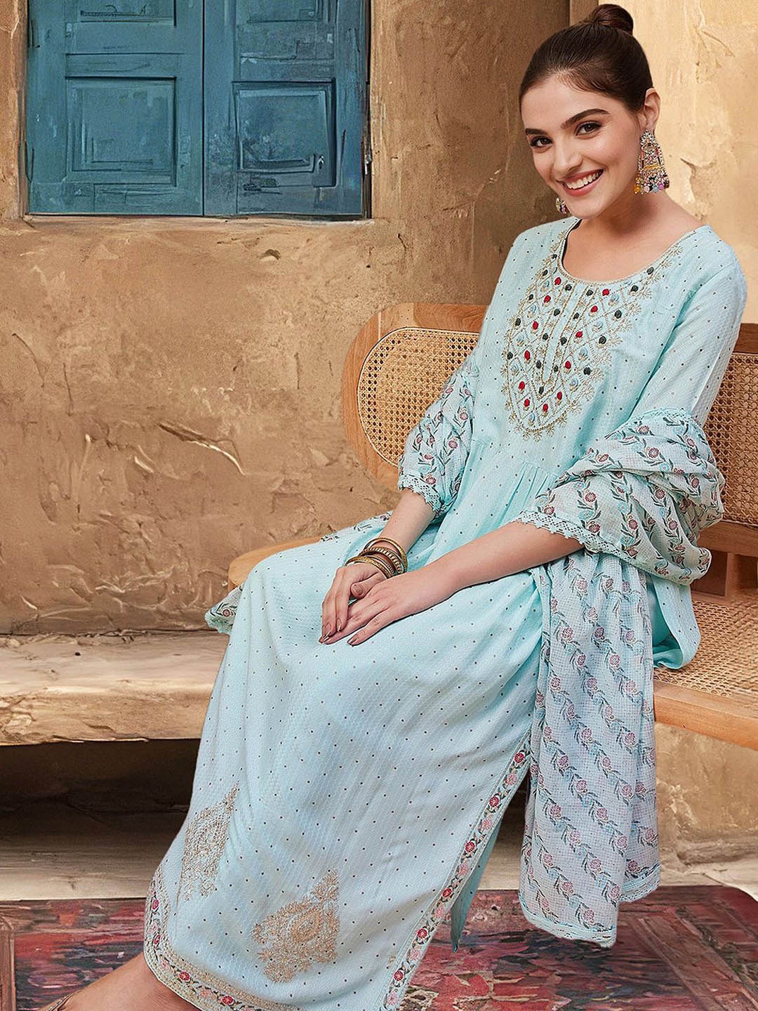 

Ishin Floral Embroidered Thread Work Straight Kurta with Trousers & Dupatta, Blue