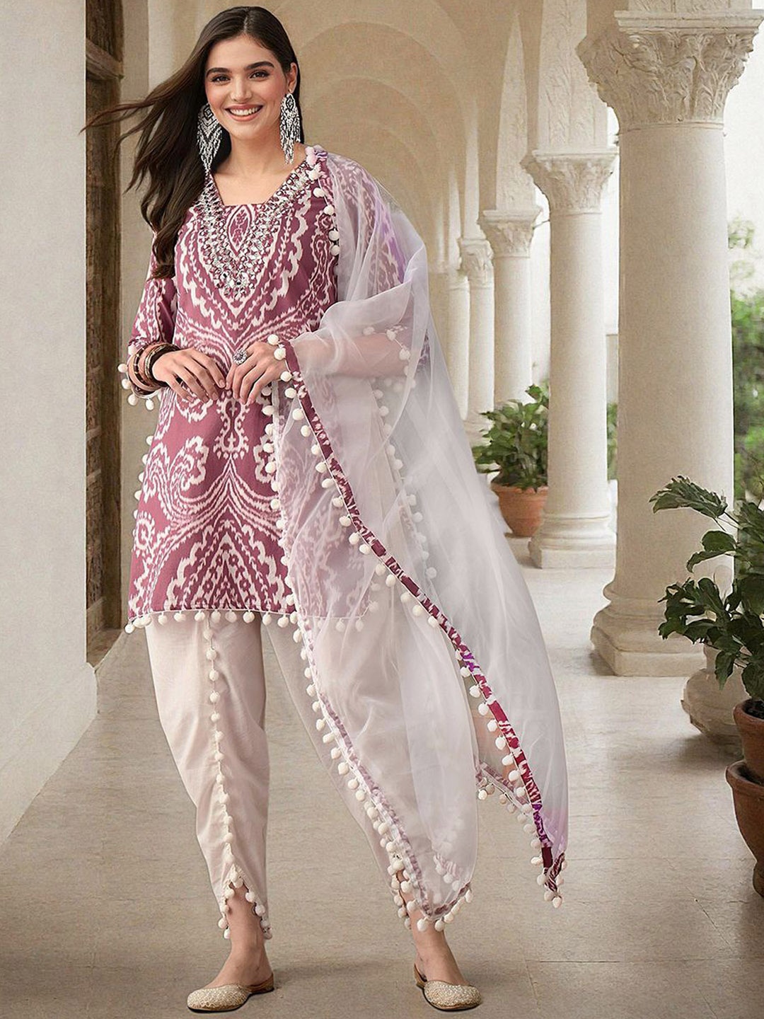 

Ishin Ethnic Motifs Printed Mirror Work Straight Kurta with Dhoti Pants & Dupatta, Pink