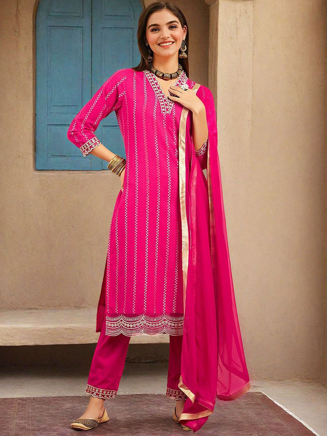 

Ishin Ethnic Motifs Printed Sequinned Pure Cotton Straight Kurta With Trousers And Dupatta, Pink