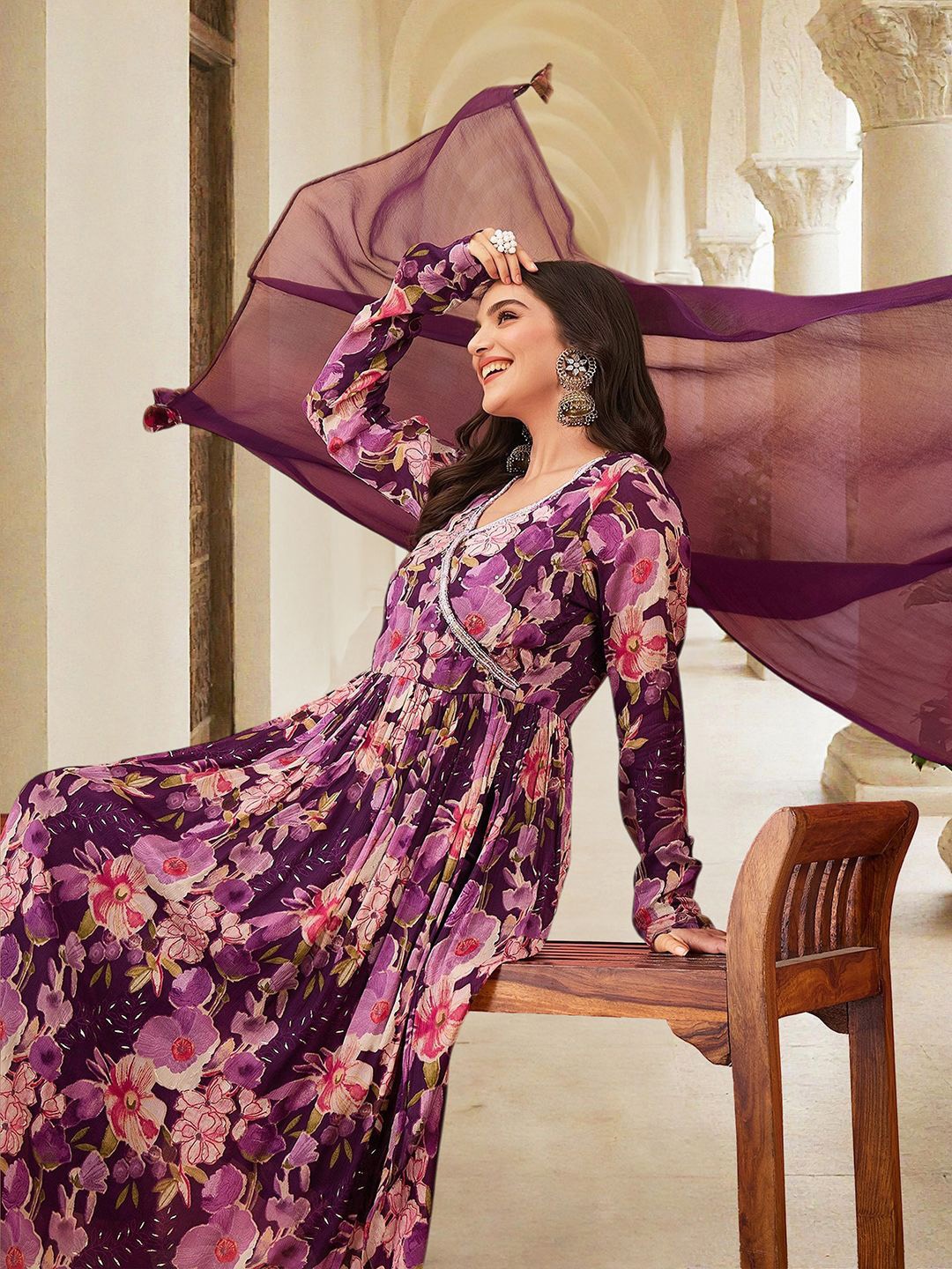 

Ishin Floral Printed Angrakha Anarkali Kurta with Trousers & Dupatta, Purple